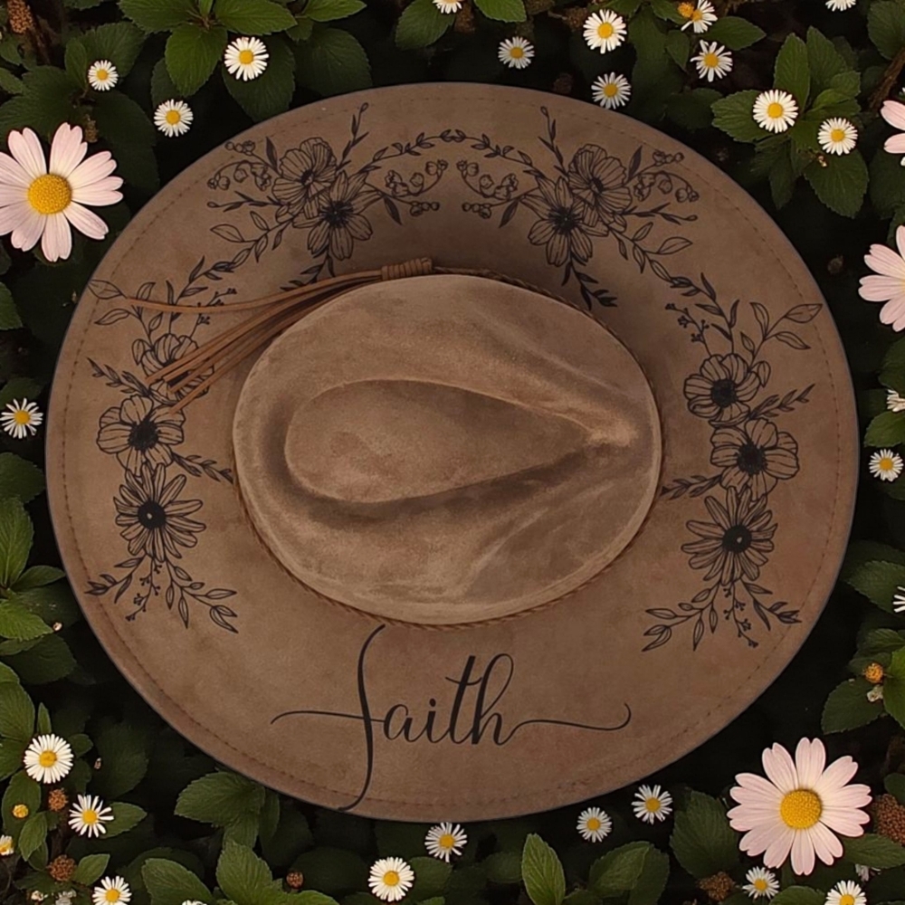 Vegan Suede Floral Dark Chestnut Rancher Style Cowboy Hat Wide Flat Brim